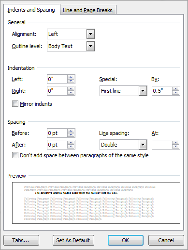 Paragraph formatting box from Microsoft Word 2010