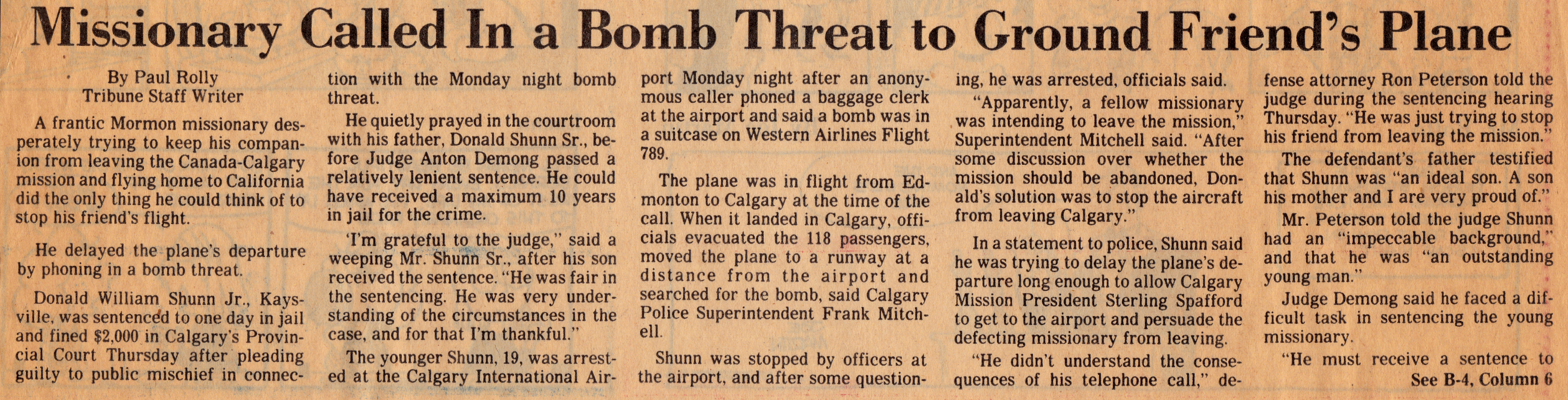 Salt Lake Tribune: Missionary Called In a Bomb Threat to Ground Friend's Plane - click to view - mousewheel to zoom