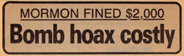 Headline: 'Bomb hoax costly:  Mormon fined $2,000'