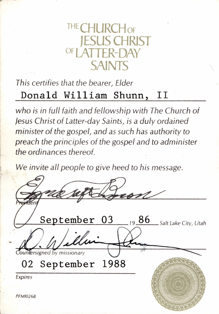 William Shunn's ministerial certificate